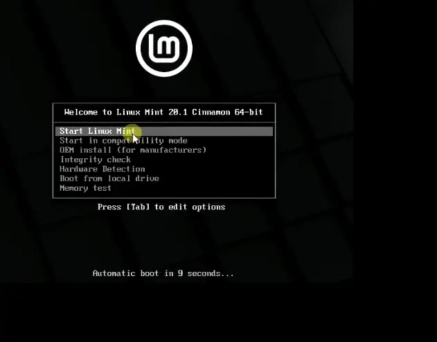 Select start linux mint on welcome page