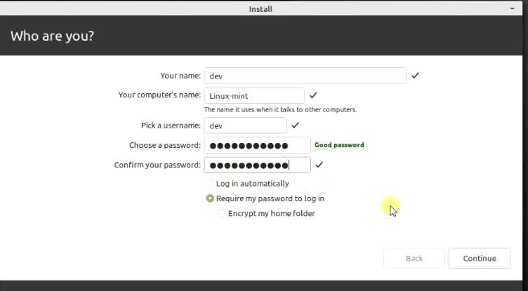 Select username password linux mint