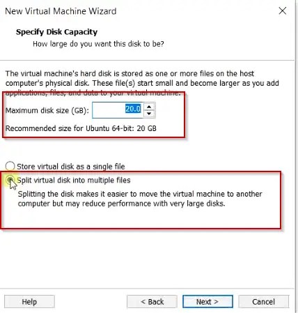 Select disk size capacity