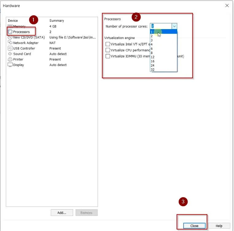 change processor to 1 for Linux mint vm