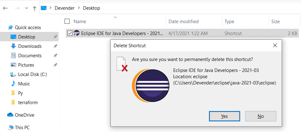 Delete-Eclipse-desktop-shortcut