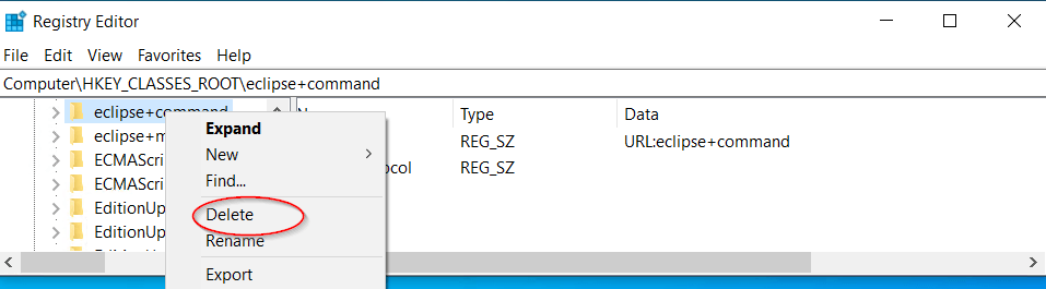 find-eclipse-and-delete-registry-keys