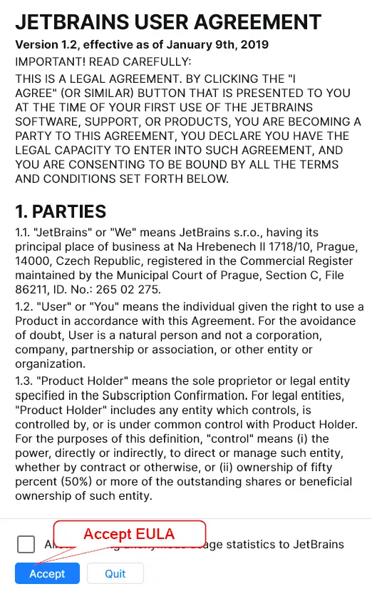 Accept JetBrains toolbox app End-user license agreement