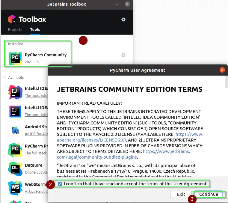 Accept EULA for Jetbrain Pycharm community edition