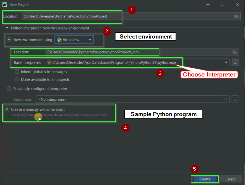 Create a new project and configure the interpreter and environment variables