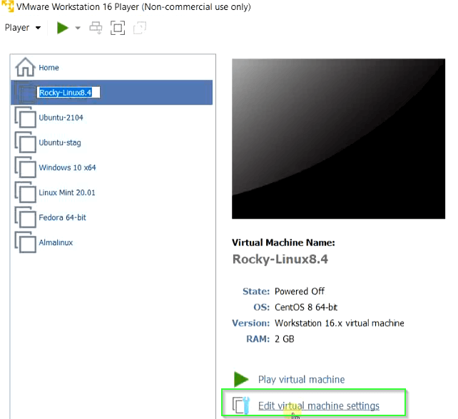 Edit virtual machine settings for Rocky Linux 8