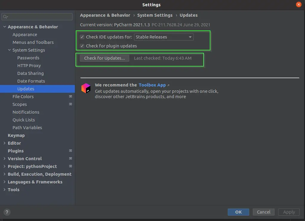 Update settings in Pycharm to keep patches and version up to date