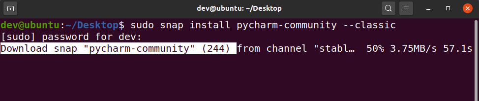 Install PyCharm community version using the snap command in ubuntu terminal