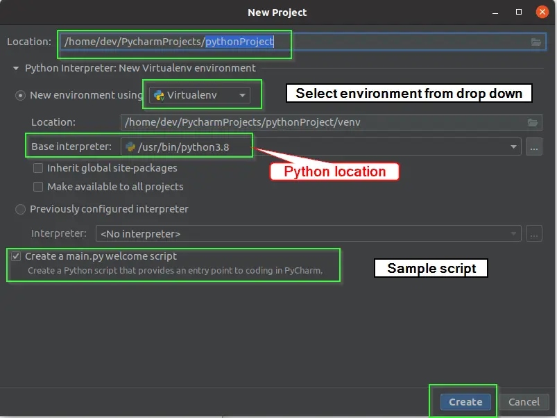 New project options that need to be filled or default can be accepted in Pycharm
