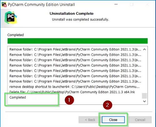 Close PyCharm uninstall wizard