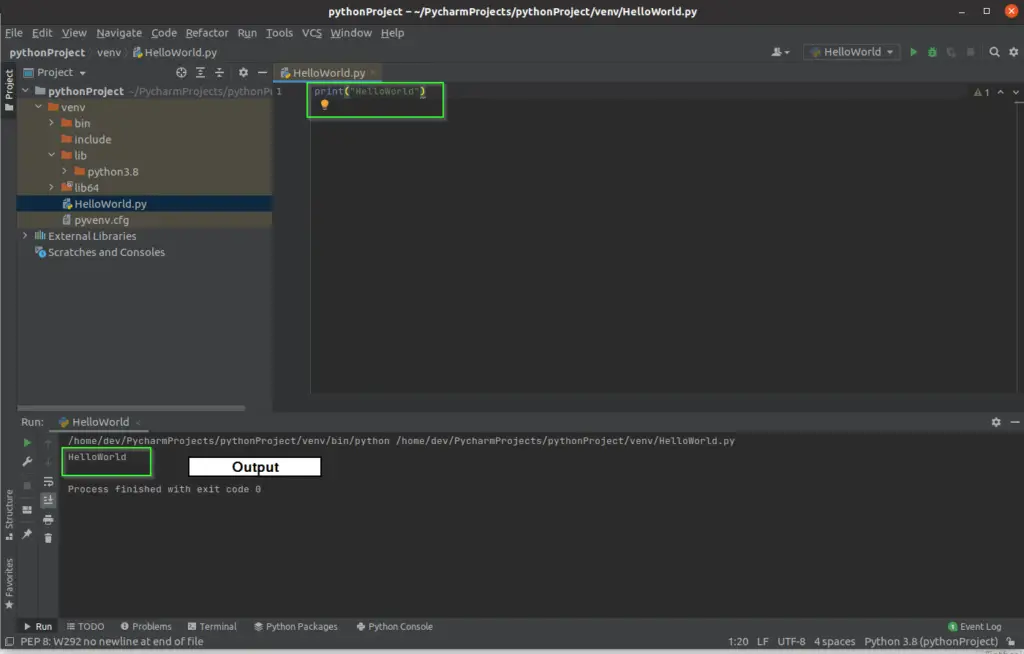 run your first code hello world using PyCharm