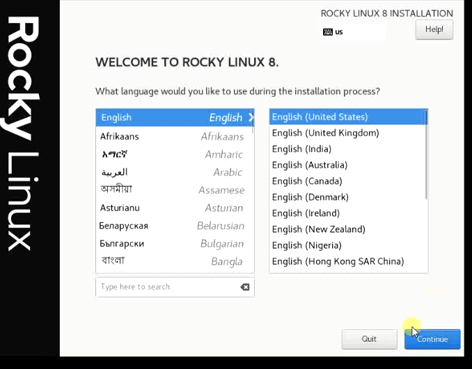 Select your preferred language during Rocky Linux installation