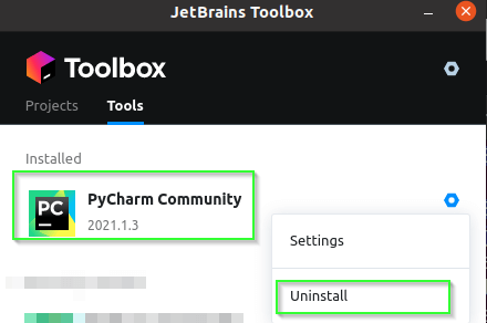 Uninstall window in toolbox app to remove PyCharm