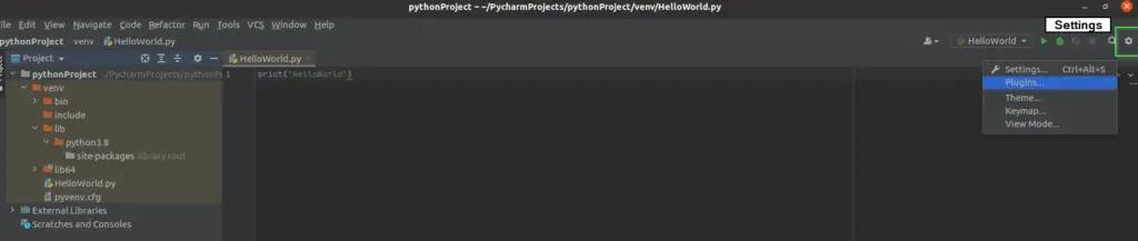 select settings to open plugin console in Pycharm IDE