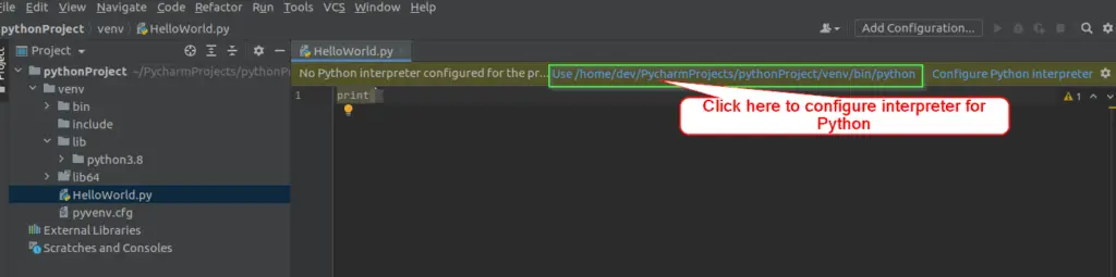 select default Python interpreter, in case of "Configure interpreter for Python error"