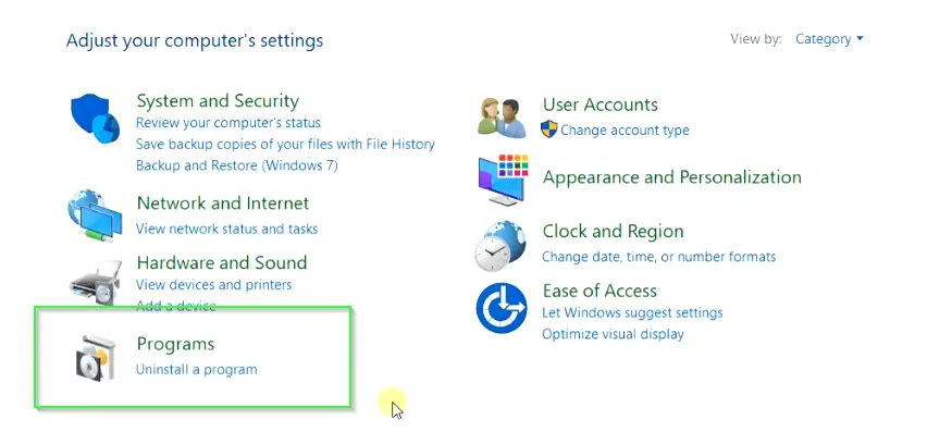 Choose Uninstall a program in control panel