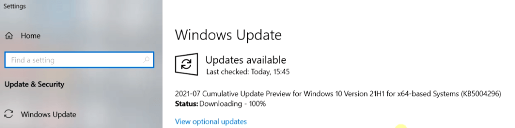 Run Windows update and install KB5004296