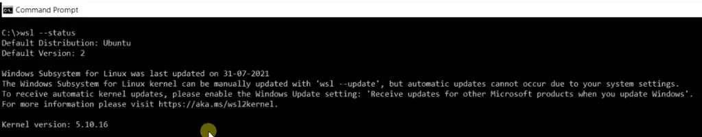 Run wsl --status command to check wsl installation configuration details