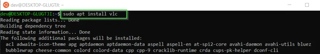 install VLC in WSL using sudo apt install VLC