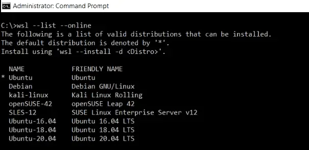 WSL --list --online command to see the list of available Linux distro