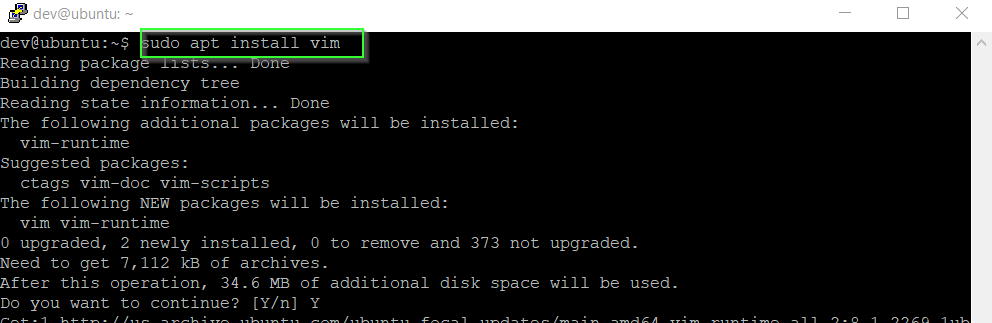 Install vim in ubuntu using apt install vim command