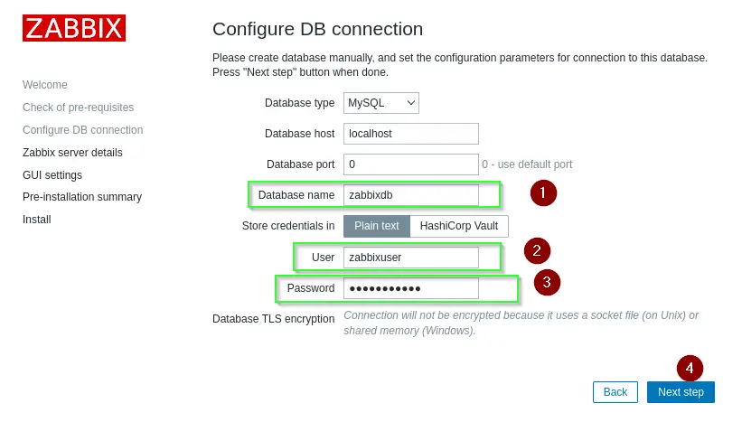 configure DB connection of Zabbix using frontend GUI