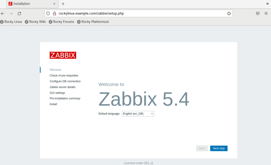 select your default language on Zabbix 5.4 welcome page