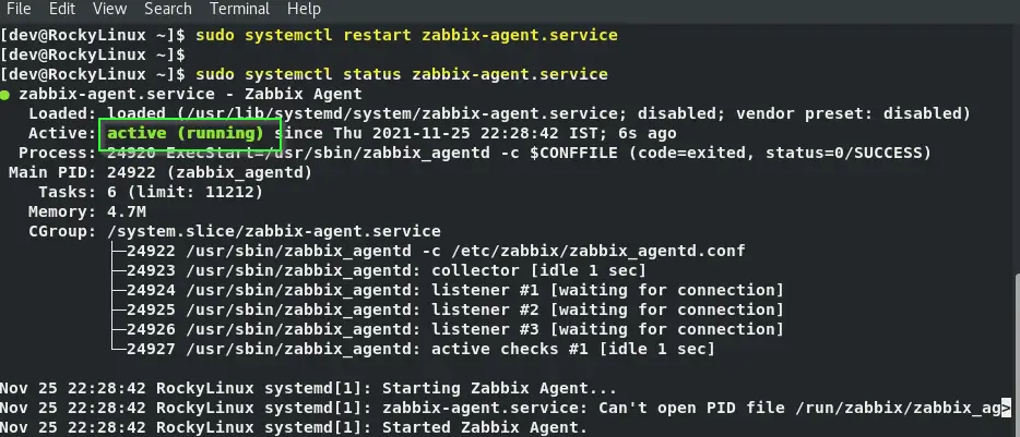 Restart Zabbix agent to implement changes and check status