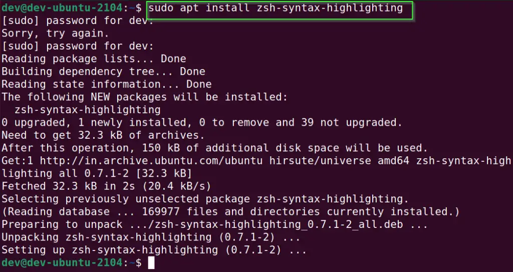 Install zsh-syntax-highlighting package in Ubuntu using apt command