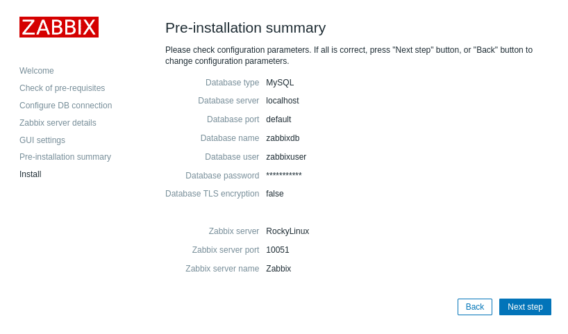 Pre-installation summary page of zabbix