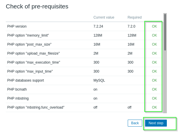 Check all zabbix pre-requisite