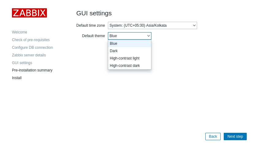 Select Zabbix gui setting on this page