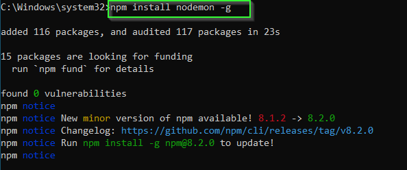 install nodemon in Windows 10 globally to fix nodemon command not found error