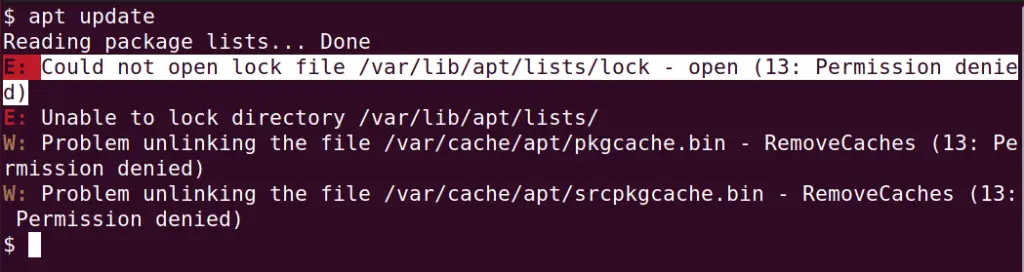 fix  Could not open lock file /var/lib/apt/lists/lock - open (13: Permission denied) error