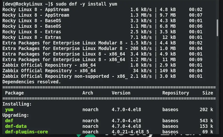 run dnf -y install yum to fix yum command not found error