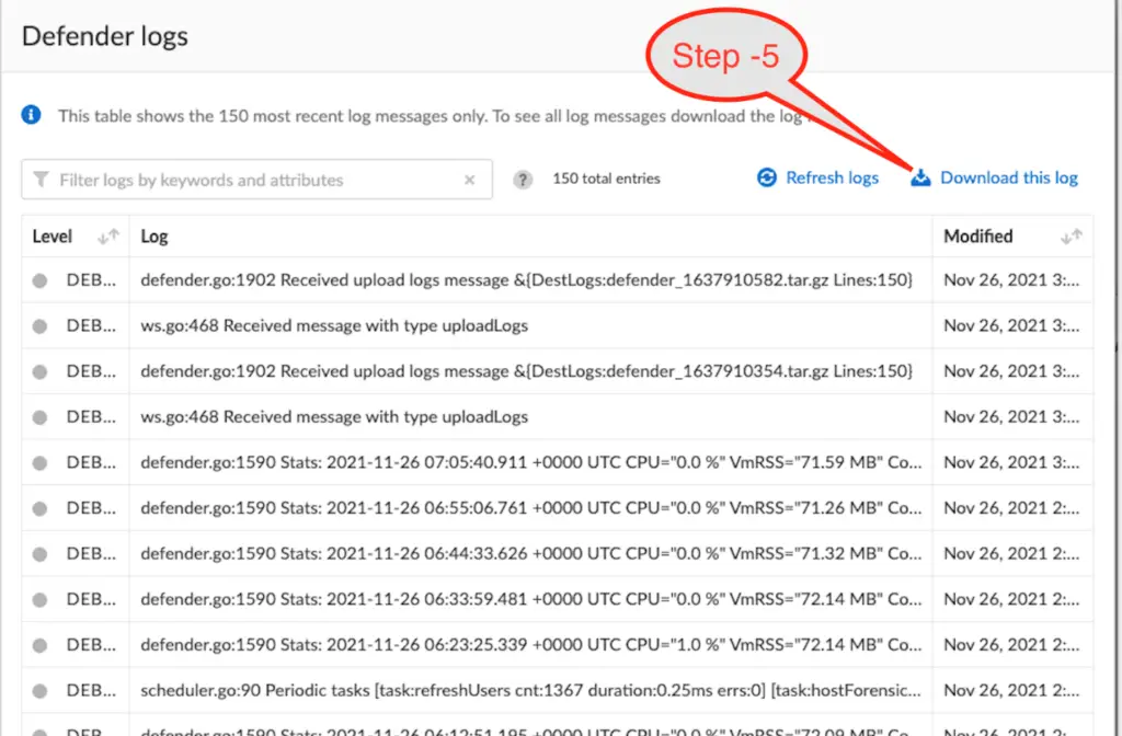 Choose Download this log option to download defender logs 