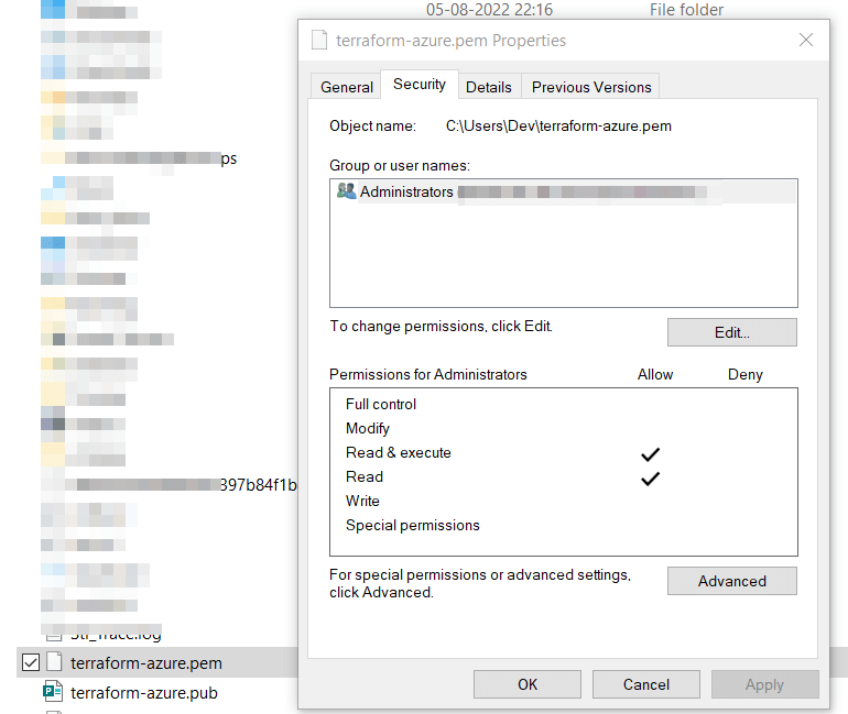 set Permission as 400 for ssh pub file in Windows 10
