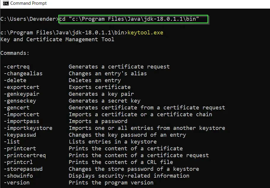 Run keytool command in Windows command prompt