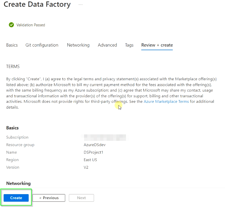 Review and create data factory