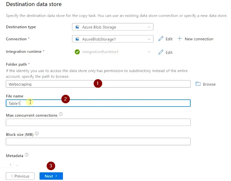 Provide folder path, File name details for destination data stores for azure data factory