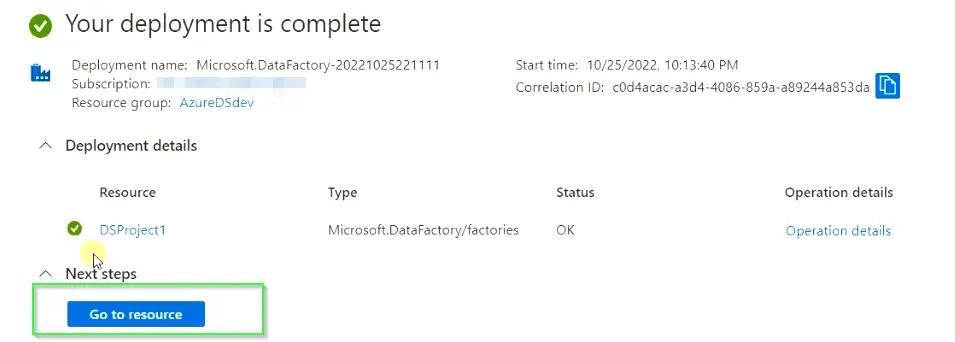 Deployment of Azure data factory project completed