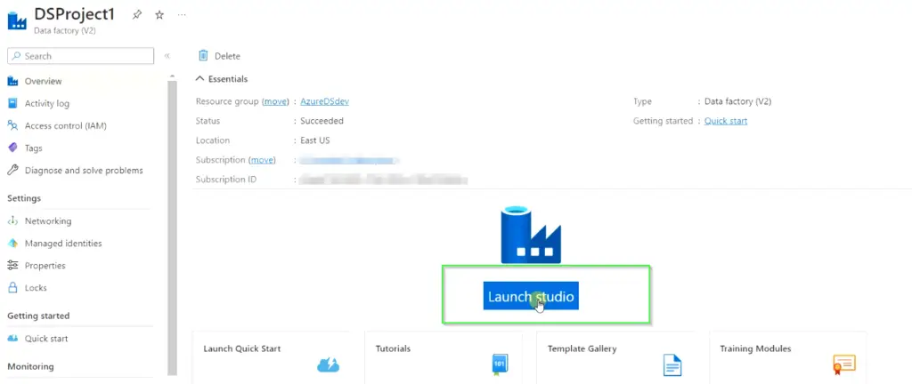 Launch azure data factory studio