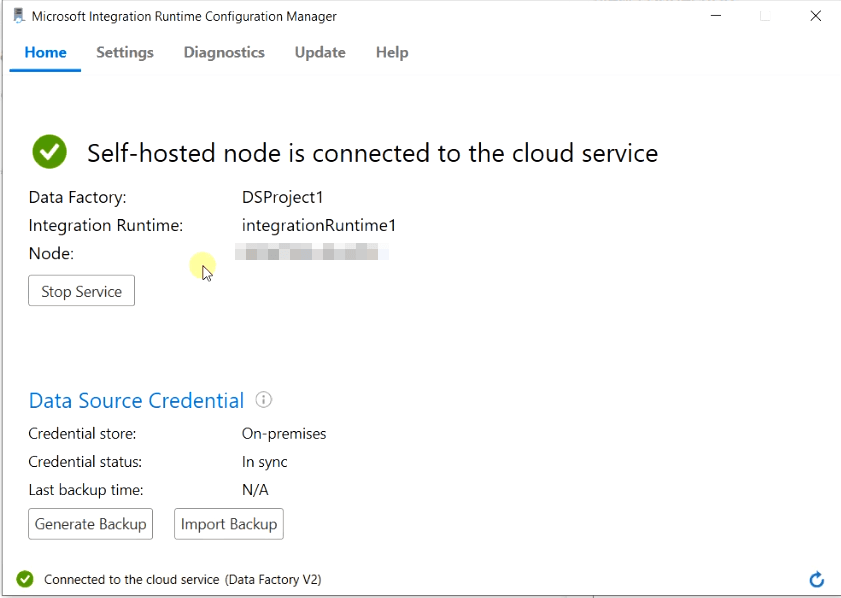 validate self-hosted node connection to azure data factory