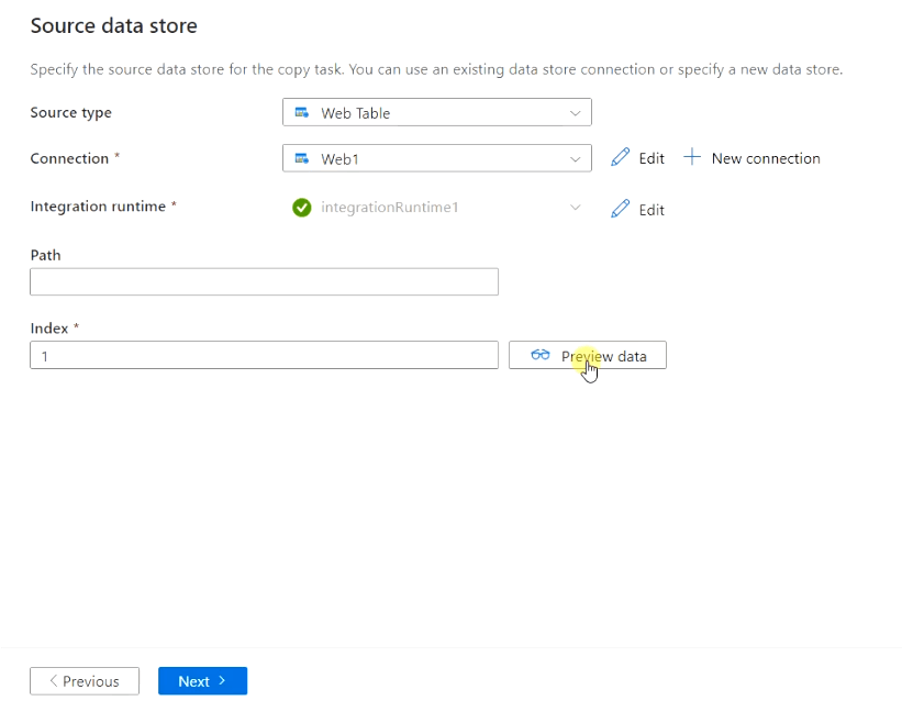 provide index value in source data store of azure data factory link