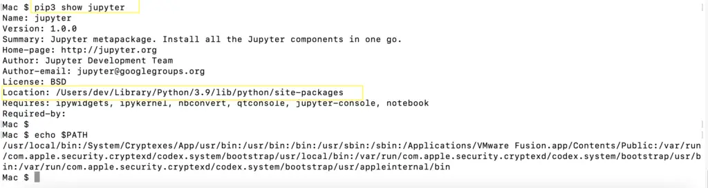 run pip3 show jupyter command in macOS to verify the location of jupyter installation