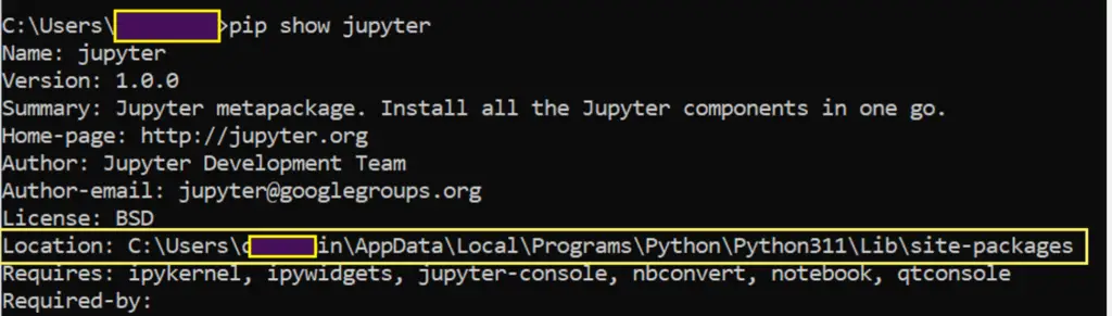 Check location of pip in Windows 11 using pip show jupyter command