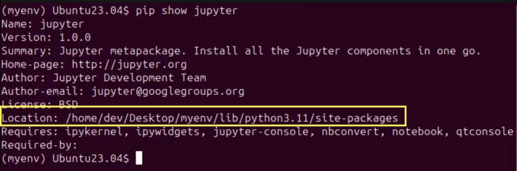 check jupyter details and installation location using pip show jupyter